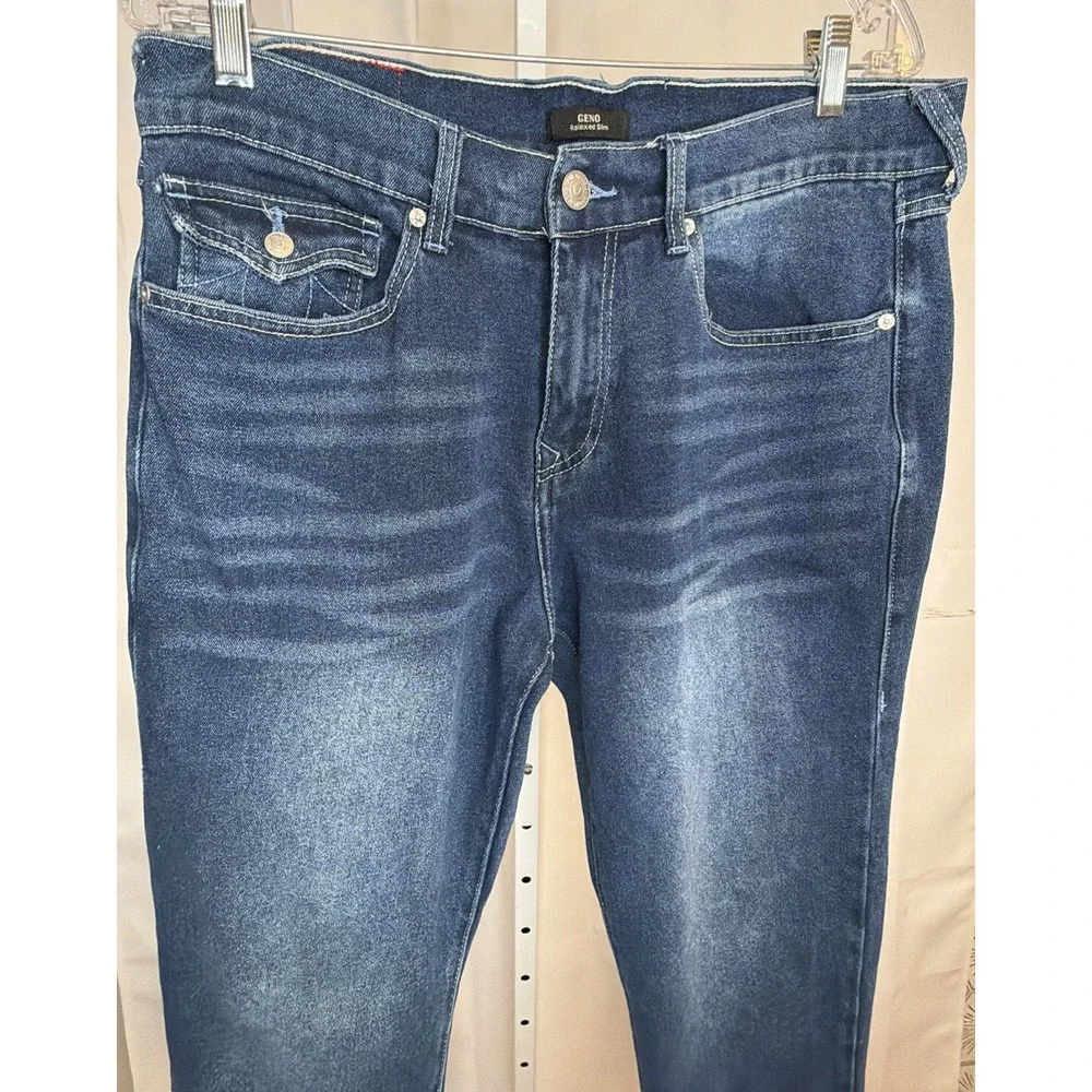 True Religion Geno Relaxed Slim Jeans Mens 33x32  Blue Flap Pocket Stretch Denim